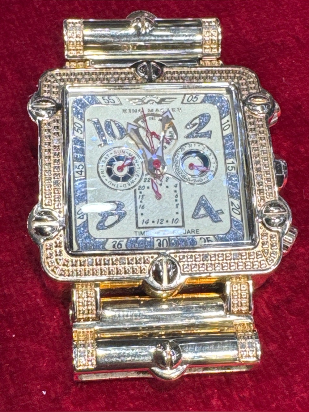 King Master Diamond Watch Gold Tone Square Face Not Working No Band Parts Repair